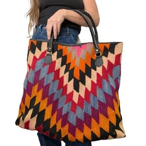 Multicoloured kilim tote bag with black handles
